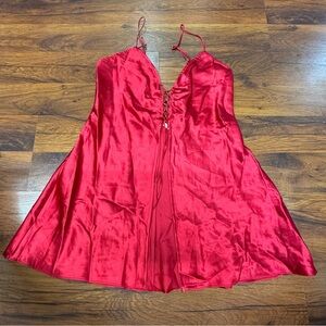 Red Satin Chemise Plunging Neckline Flowy